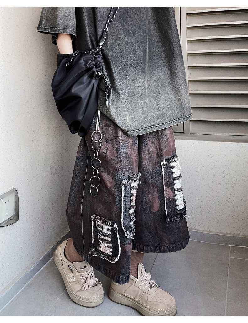 Vintage Wide Leg Straight Cropped Denim Shorts Men