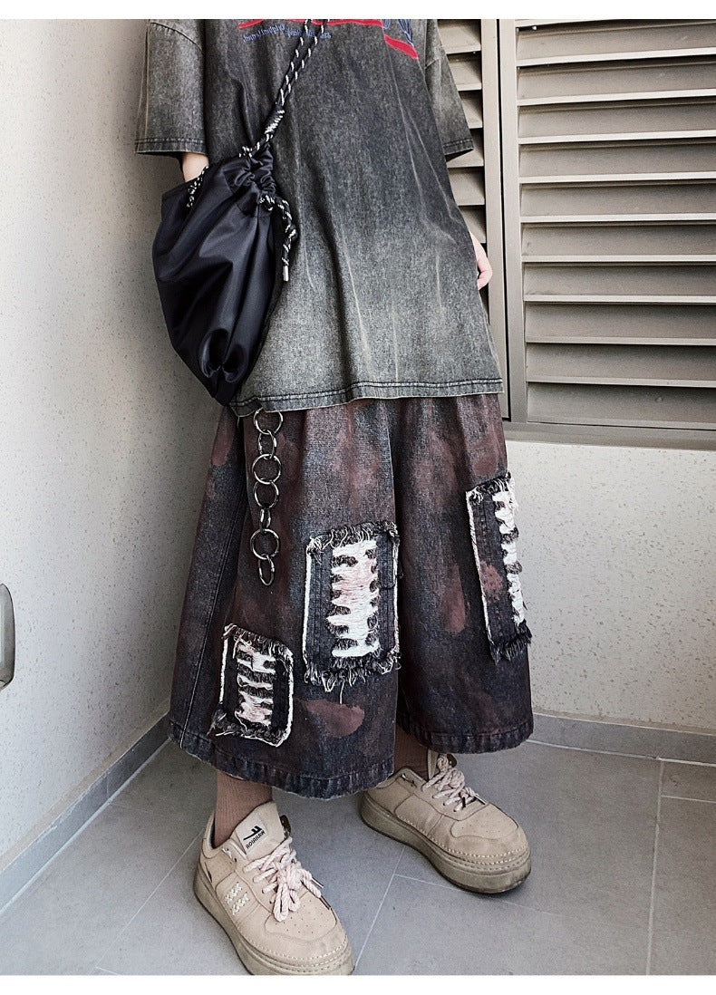 Vintage Wide Leg Straight Cropped Denim Shorts Men
