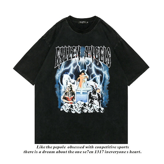 Hip Hop Streetwear Washed T Shirt Lightning Skull Girl