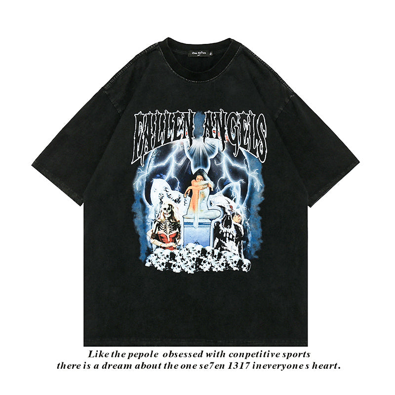 Hip Hop Streetwear Washed T Shirt Lightning Skull Girl