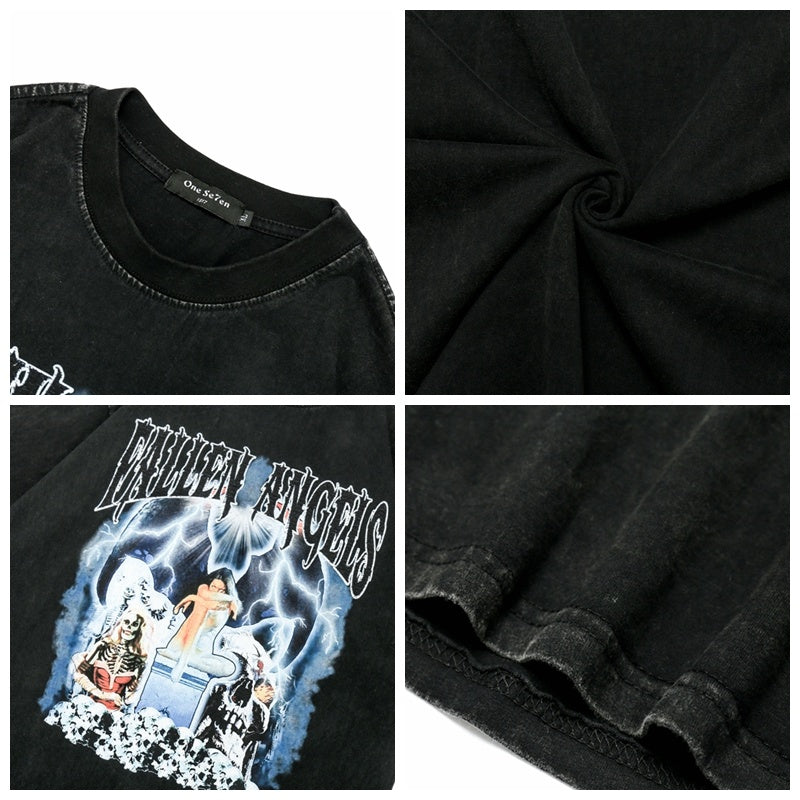Hip Hop Streetwear Washed T Shirt Lightning Skull Girl