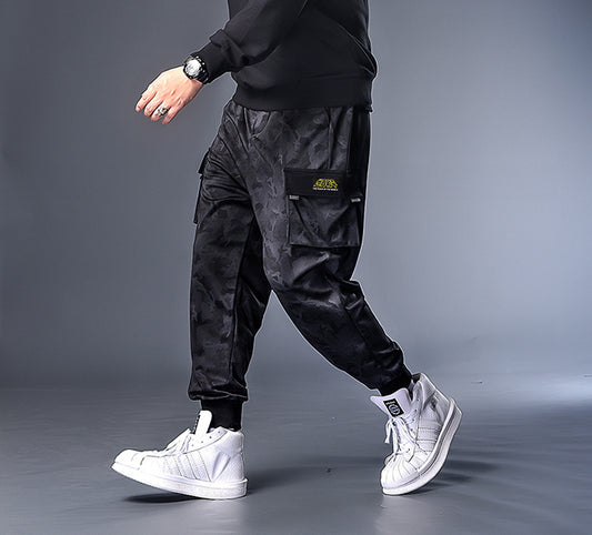 flat gray camouflage black pocket trousers