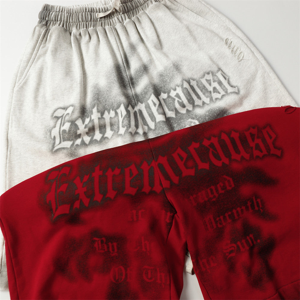 Fuzzy Letter Spray Painting Loose Shorts Men Punk
