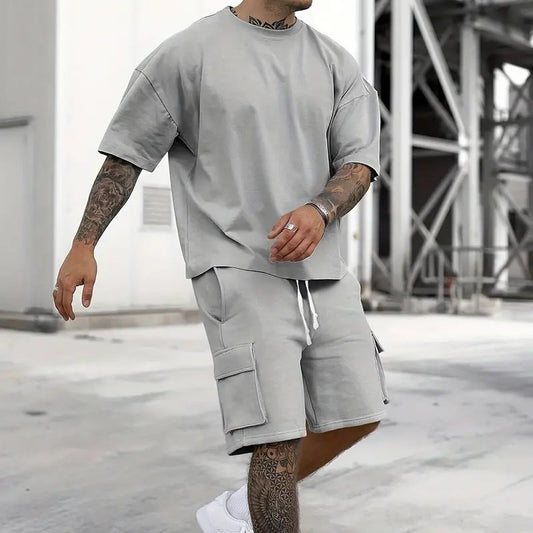 Men's Outfit, Solid Casual Loose Crew Neck Short Sleeve T-Shirt & Drawstring Shorts With Multi Pockets 2-piece Set For Summer Outdoor Activities