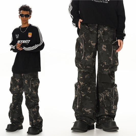 American Jungle Camouflage Amekaji Multi-pocket Design Casual Wide-leg  Trousers