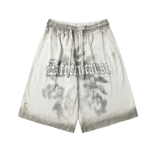 Fuzzy Letter Spray Painting Loose Shorts Men Punk